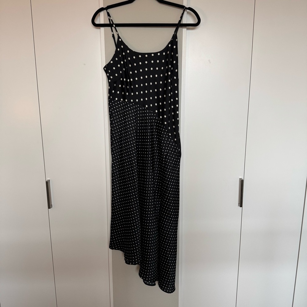 NWT Black & White Polka Dot Satin Dress w/ Asymmetrical Hem